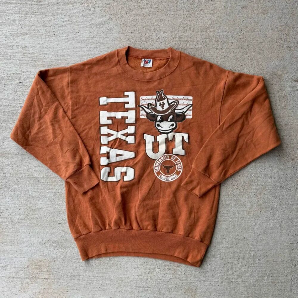 Vintage 80s Texas Longhorns Sweatshirt Size Large Burnt Orange Mascot UT